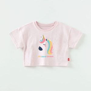 Child’s pink crop t-shirt with My Little Unicorn graphic, made from soft 100% cotton, perfect for summer wear