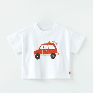 Child’s white t-shirt with a vibrant red car graphic, made from soft 100% cotton, perfect for little car enthusiasts. Exclusive to Tiny You Baby Store and Dear You Kids Boutique in Burnaby