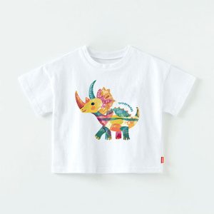 Child’s white t-shirt with a colorful dinosaur graphic, made from soft 100% cotton, perfect for little dinosaur enthusiasts. Exclusive to Tiny You Baby Store and Dear You Kids Boutique in Burnaby.