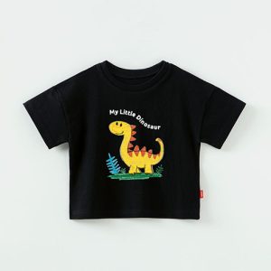 Child’s black t-shirt with Dinosaur graphic, made from soft 100% cotton, perfect for summer wear