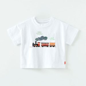 Child’s white t-shirt with a Choo Choo Train graphic, made from soft 100% cotton, perfect for little train enthusiasts