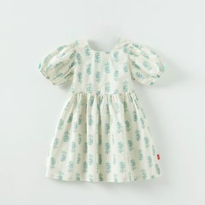 Blue Leaf Dress for girls showing front view with delicate leaf prints