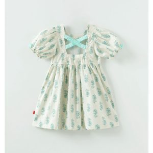 Blue Leaf Dress for girls showing front view with delicate leaf prints