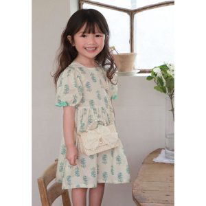 Blue Leaf Dress for girls showing front view with delicate leaf prints