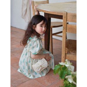 Blue Leaf Dress for girls showing front view with delicate leaf prints