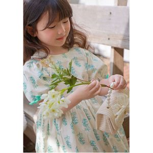 Blue Leaf Dress for girls showing front view with delicate leaf prints