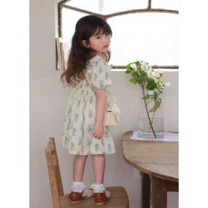 Blue Leaf Dress for girls showing front view with delicate leaf prints