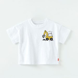 Child’s white t-shirt with a Kids Forklift graphic, made from soft 100% cotton, perfect for little construction enthusiasts. Exclusive to Tiny You Baby Store and Dear You Kids Boutique in Burnaby.