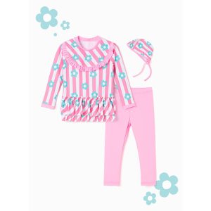 Lara Flower girls' swimsuit set featuring a rashguard and water leggings adorned with floral prints and frills, perfect for summer fun in the water.