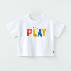 Child’s white t-shirt with colorful 'PLAY' print, made from soft 100% cotton, perfect for everyday wear