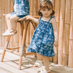 Adorable Spica Baby Girl Summer Dress in vibrant blue floral print, available in sizes 90 to 110, perfect for stylish and comfortable summer outings.