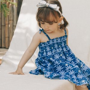 Adorable Spica Baby Girl Summer Dress in vibrant blue floral print, available in sizes 90 to 110, perfect for stylish and comfortable summer outings.