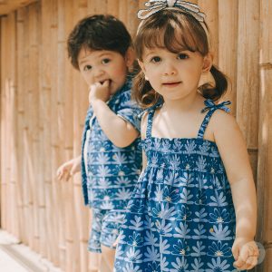 Adorable Spica Baby Girl Summer Dress in vibrant blue floral print, available in sizes 90 to 110, perfect for stylish and comfortable summer outings.