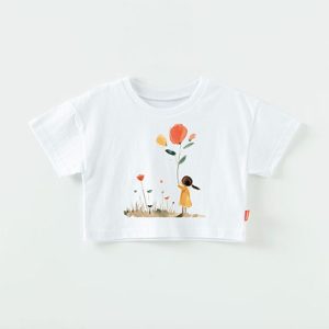 Child’s white crop t-shirt with Balloon Flower graphic, made from soft 100% cotton, perfect for summer wear