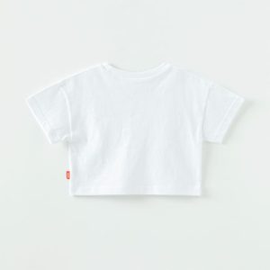 Child’s white crop t-shirt with Balloon Flower graphic, made from soft 100% cotton, perfect for summer wear