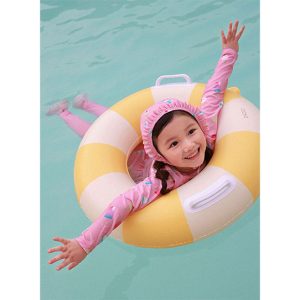 Child's Sweet Ice Rashguard Swimsuit Set in strawberry milk color with summer ice cream print, featuring frilled rashguard and matching swim cap on a white background, perfect for summer pool and beach activities