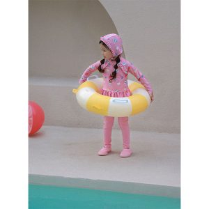 Child's Sweet Ice Rashguard Swimsuit Set in strawberry milk color with summer ice cream print, featuring frilled rashguard and matching swim cap on a white background, perfect for summer pool and beach activities