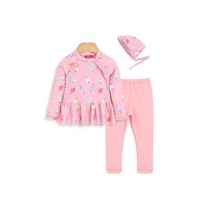 Child's Sweet Ice Rashguard Swimsuit Set in strawberry milk color with summer ice cream print, featuring frilled rashguard and matching swim cap on a white background, perfect for summer pool and beach activities