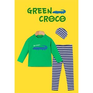 Green Croco Rashguard Swimsuit Set for kids on a bright yellow background, featuring a green top with crocodile design and blue striped leggings with matching swim cap