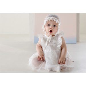 Photograph showing a baby girl dressed in the Lainie Baby Girl Bodysuit, focusing on the delicate lace details and soft fabric, perfect for special occasions