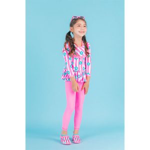 Lara Flower girls' swimsuit set featuring a rashguard and water leggings adorned with floral prints and frills, perfect for summer fun in the water.