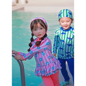 Lara Flower girls' swimsuit set featuring a rashguard and water leggings adorned with floral prints and frills, perfect for summer fun in the water.