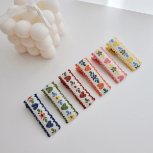 Rainbow Heart Hairpins in blue, green, orange, pink, and yellow colors with heart and flower embroidery, available in 3.5cm and 5cm sizes