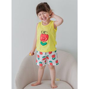 Child in a Tulip Sleeveless PJ Set smiling, with a Buy 2 Get 1 Free offer banner, ideal for summer comfort.