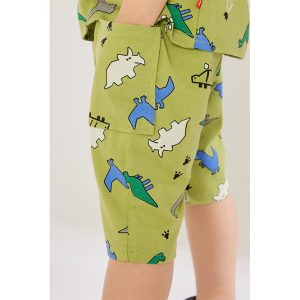 Child's green cotton pants with playful dinosaur prints and elastic waist, featuring side pockets for practicality and comfort.