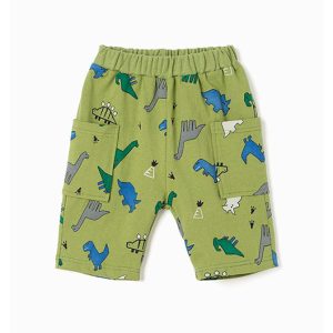 Child's green cotton pants with playful dinosaur prints and elastic waist, featuring side pockets for practicality and comfort.