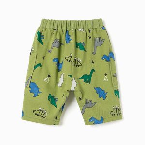 Child's green cotton pants with playful dinosaur prints and elastic waist, featuring side pockets for practicality and comfort.