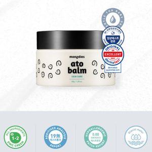 Close-up of Mongdies Ato Balm 30g container, certified safe for baby’s sensitive skin with natural ingredients