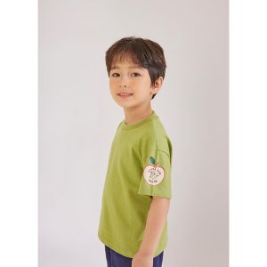 Child wearing Apple Jam green cotton T-shirt with a playful apple badge on the sleeve, perfect for casual wear.