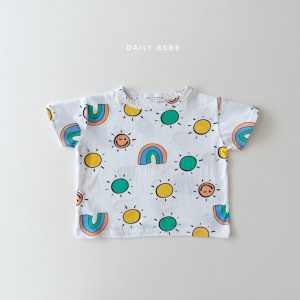 Sunny Summer T-Shirt by Daily Bebe featuring vibrant suns and rainbows, available at Tiny You Baby Store and Dear You Kids Boutique