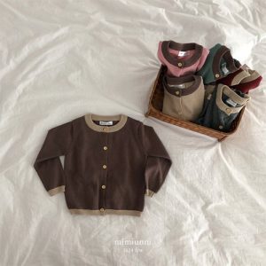 Variety of Mimiunni cardigans for children displayed on a white background, featuring colors like burgundy, green, and taupe, available at Tiny You Baby Store and Dear You Kids Boutique