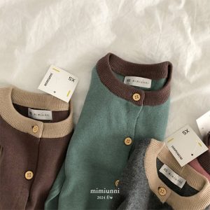 Variety of Mimiunni cardigans for children displayed on a white background, featuring colors like burgundy, green, and taupe, available at Tiny You Baby Store and Dear You Kids Boutique