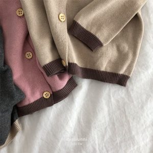 Variety of Mimiunni cardigans for children displayed on a white background, featuring colors like burgundy, green, and taupe, available at Tiny You Baby Store and Dear You Kids Boutique