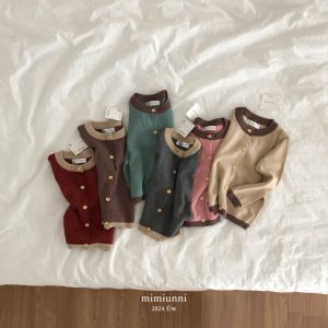 Variety of Mimiunni cardigans for children displayed on a white background, featuring colors like burgundy, green, and taupe, available at Tiny You Baby Store and Dear You Kids Boutique